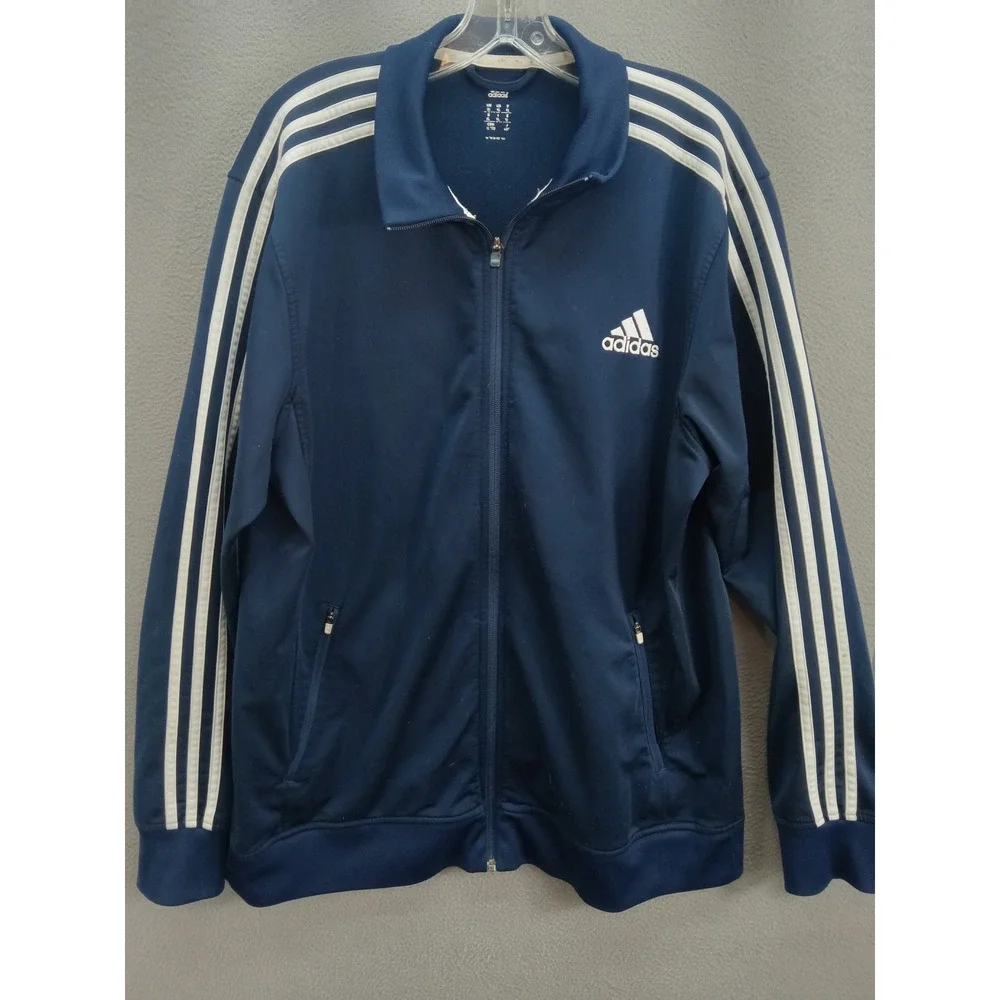 Adidas Mens Navy Blue Three Stripe Full Zip Track Jacket XL Embroidered Logo Y2K
